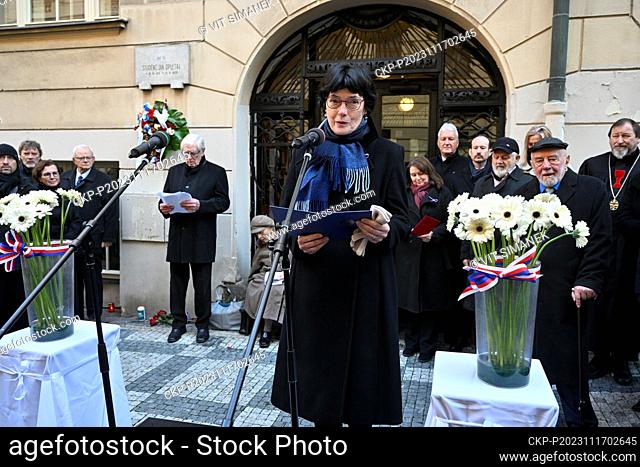 President of the Czech Academy of Sciences Eva Zazimalova speaks at a commemorative gathering to honour the memory of the students of Hlavka student dormitory...