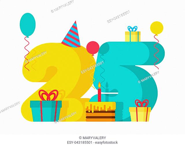 25 year Happy Birthday greeting card. 25th anniversary celebration Template. twenty five number and festive piece of cake with candle