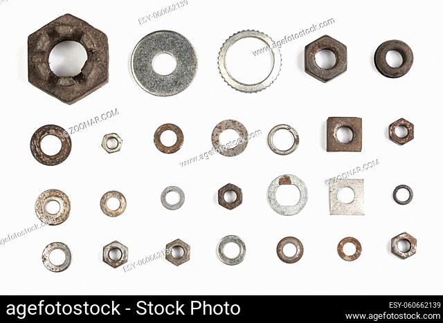 Various old and rusty nuts and washers