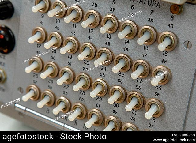 Moscow, Russia - November 28, 2018: The control switchboard of the first spaceship. Old space communication dashboard equipment