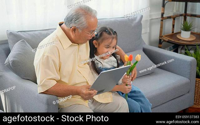 Asian senior old man looking to tablet computer and granddaughter come visitor at home, Grandfather reading news on digital tablet with his kid on sofa in...