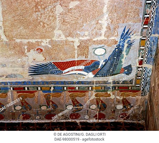 The sacred vulture, detail from a painted relief, Chapel of Anubis, Mortuary Temple of Queen Hatshepsut, also known as Djeser-Djeseru (Holy of Holies)
