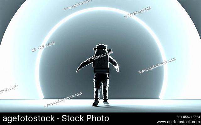 Astronaut in white modern scaphandre go in the space, 3d rendering background, computer generated backdrop