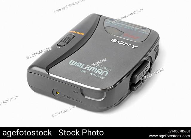 Moscow, Russia - January 18, 2018: Old cassette player Sony Walkman isolated on white background