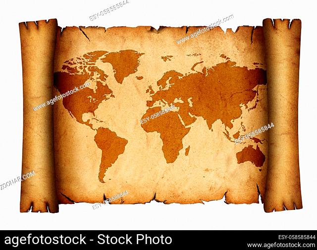 Close up one blank old antique vintage brown paper parchment scroll with world map draing isolated on white background