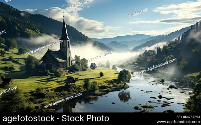 Step into a realm of mystique as heavy fog blankets a serene valley. In this captivating scene, only the top of the church tower emerges from the thick fog