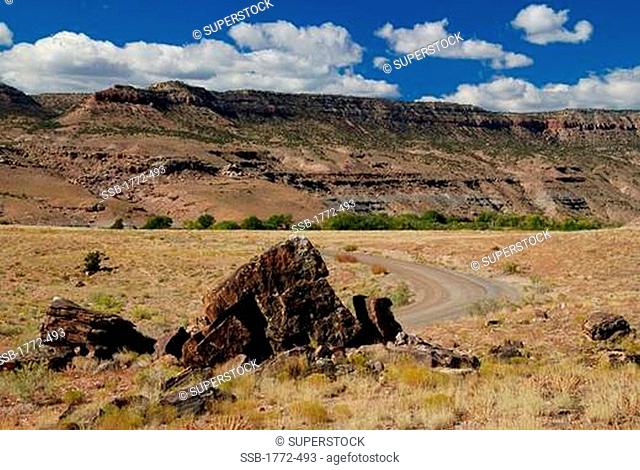 Eroded rock with a road in the background, Colorado, USA