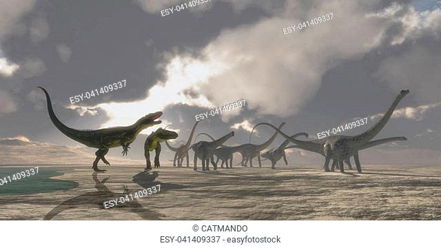 A Diplodocus dinosaur herd gets very upset as two Torvosaurus dinosaurs kept them from drinking at a watering hole