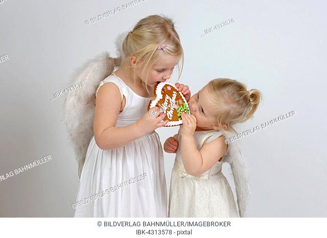 Girls, children as Christmas Angels with gingerbread heart, Merry Christmas, Germany