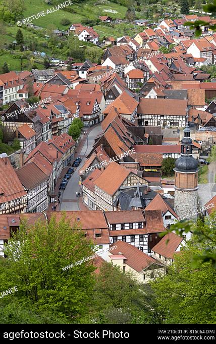 24 May 2021, Saxony-Anhalt, Stolberg: View of the half-timbered houses of Stolberg from the Luther Oak. The castle itself stands above the old town