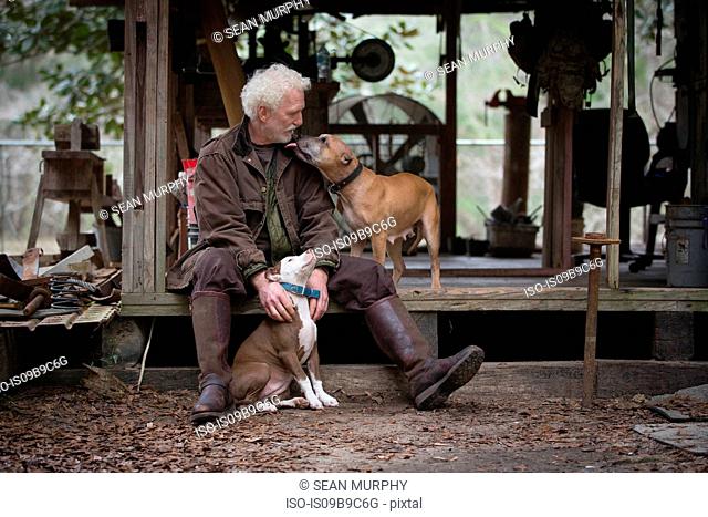 Man with pet dogs by wooden work hut