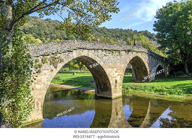 France, Aveyron, Belcastel, labelled Les Plus Beaux Villages de France (The Most Beautiful Villages of France), the old stony bridge(the Vieux Pont) dated 15th...