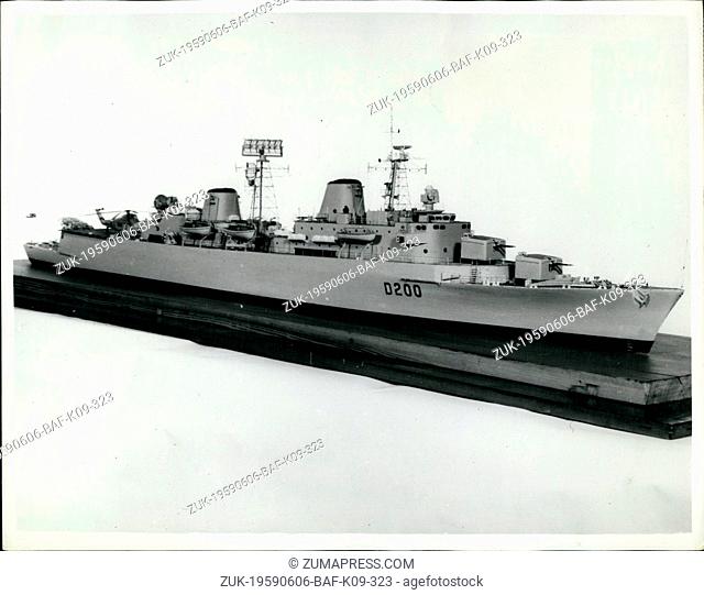 Jun. 06, 1959 - Model of the Royal Navy's Guided Missile Ship. A bow view of a model of one of the Royal Navy's guided missile ships