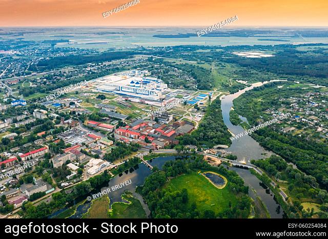Dobrush, Gomel Region, Belarus. Aerial View Of Old And Modern Paper Factory. Historical Heritage In Bird's-eye View