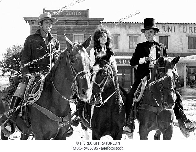 American actors Dean Martin (Dino Paul Crocetti), Raquel Welch (Jo Raquel Tejada) and James Stewart acting in Bandolero! USA, 23rd May 1968