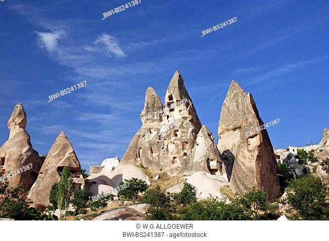 historical cave architecture built into tuff formations, Turkey, Cappadocia, Uchisar