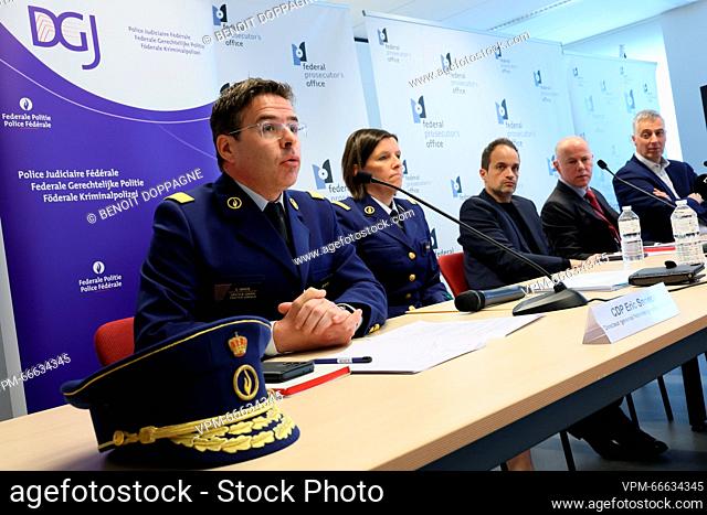 Federal Judicial Police Director-General Eric Snoeck (L) pictured at a press conference, in Brussels, regarding a large-scale European operation which took...