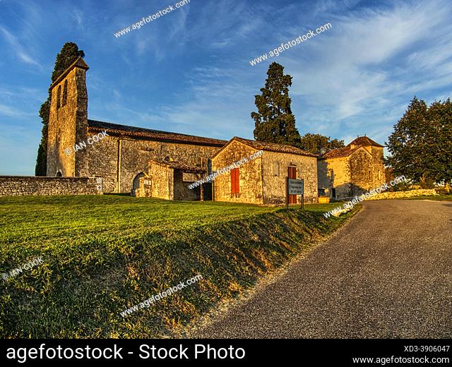church and village hall, 11th and 12th century, Monbos, Dordogne Department, Nouvelle Aquitaine, France