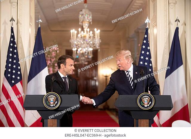President Donald Trump and President Emmanuel Macron of France, shake hands at a meeting with the press, April 24, 2018 (BSLOC-2018-4-248)