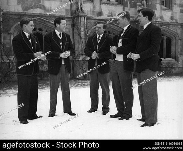 The Australian members of the Oxford University boat race crew making snow balls in Magdalen college Cloisters which is the President's College