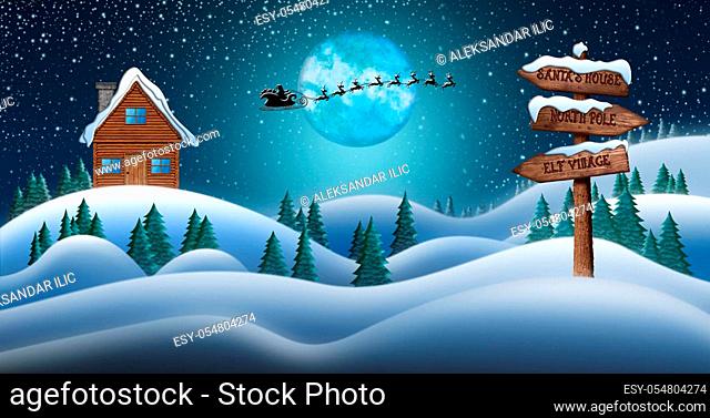 Santa Clause and Reindeers Sleighing Through Christmas Night Over the Snow Fields with Directional Sign Leading To Elf Village, North Pole and Santas House