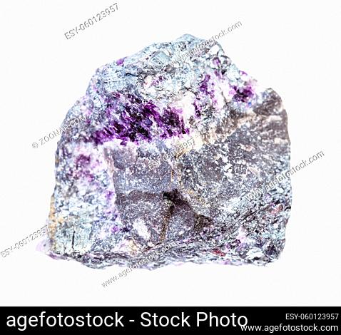 closeup of sample of natural mineral from geological collection - piece of Stibnite (Antimonite) ore with Amethyst quartz isolated on white background