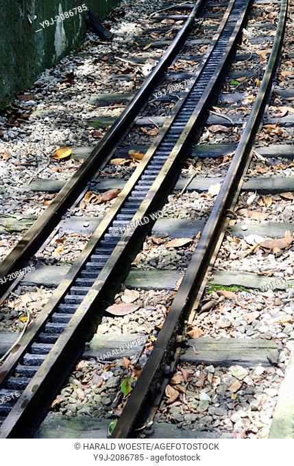 "Rio de Janeiro, Brazil: Railway track and rack belonging to the famous cog wheel train """"Trem do Corcovado"""" leading up to the mountain top of Corcovado...