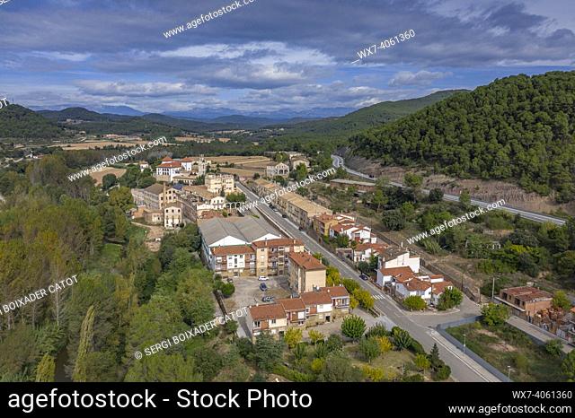 Aerial view of the textile company town of PalÃ  de Torroella, in NavÃ s (Bages, Barcelona, Catalonia, Spain)