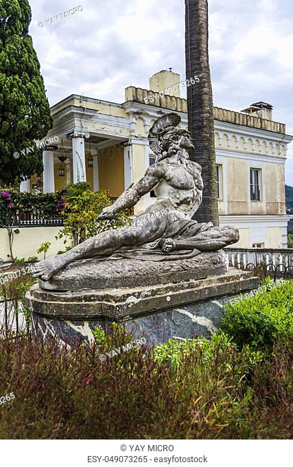 Achilleion palace, Corfu, Greece - August 24, 2018: Sculpture of the dying achilles in achilleion palace corfu