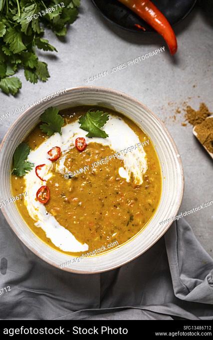 Pumpkin dahl with a swirl of coconut cream, topped with Chopped chilli and corriander
