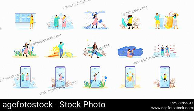 Seasonal flat concept vector illustrations set. Daily temperature forecast in mobile app. Outfit for autumn and winter. Weather metaphors