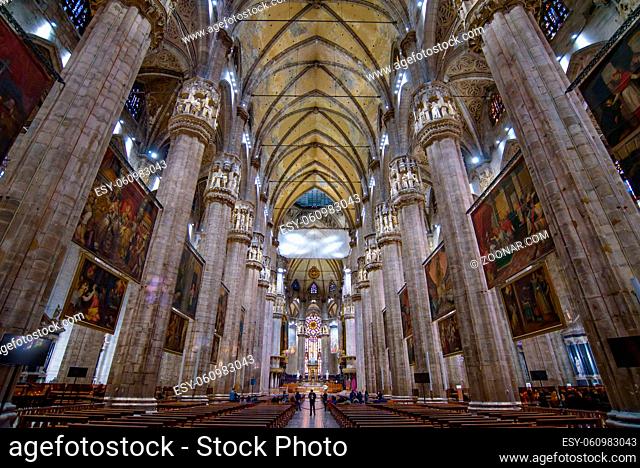 Interior of Milan Cathedral (Duomo di Milano), the cathedral church of Milan, Italy. It's the fourth largest church in the world