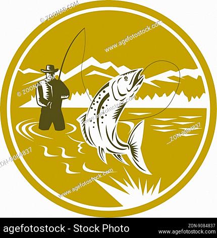 Illustration of a fly fisherman fishing casting rod and reel reeling trout fish viewed from front with mountains set inside circle done in retro style