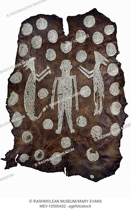 Powhatan's Mantle. Decorated leather tent hanging made from four white-tailed deer hides sewn together with sinew thread