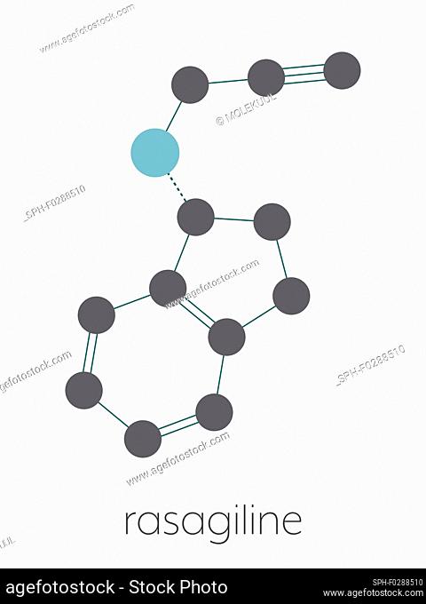 Rasagiline Parkinson's disease drug molecule. Stylized skeletal formula (chemical structure). Atoms are shown as color-coded circles connected by thin bonds
