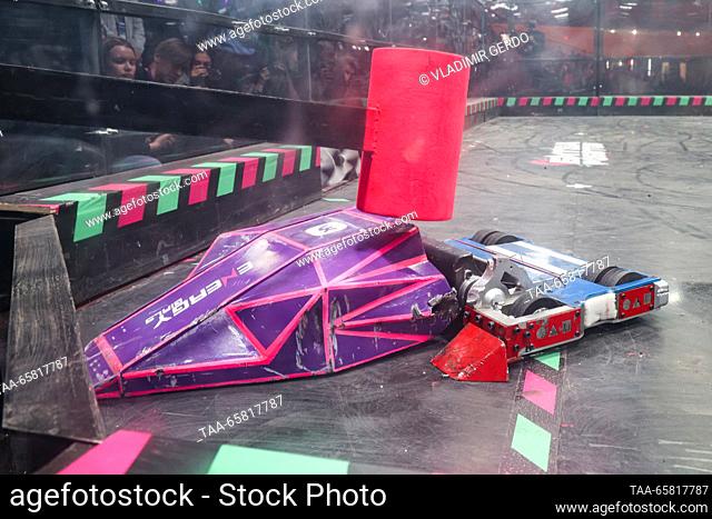 RUSSIA, MOSCOW - DECEMBER 16, 2023: Robots of the Energy Girls (St Petersburg) and the DS Robotics team (India) compete in the final of the Battle of Robots...