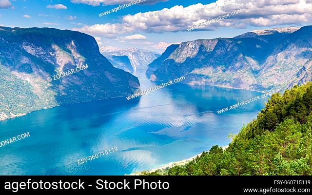 View from viewpoint Stegastein on Aurlandsfjord in Aurland along the National Scenic route Aurlandsfjellet between Aurland and Laerdal in Norway