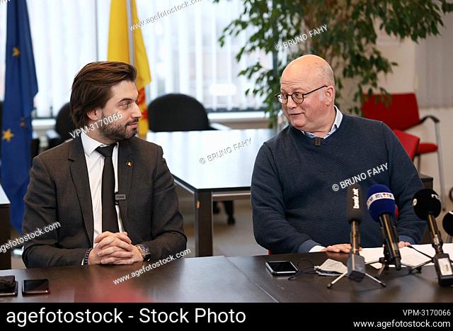MR chairman Georges-Louis Bouchez and Walloon Minister of Budget and Finances, Airports and Sports Infrastructure Jean-Luc Crucke pictured during a press...