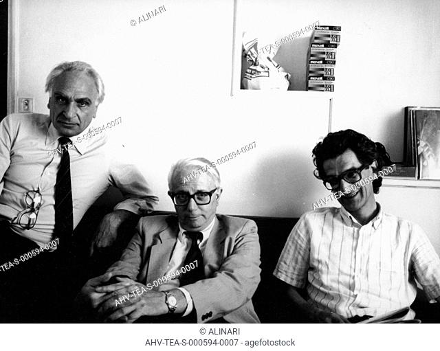 The politician and philosopher Antonio Negri (aka Tony) with journalist Enzo Biagi and the politician Marco Pannella, shot 1985 ca. by Team