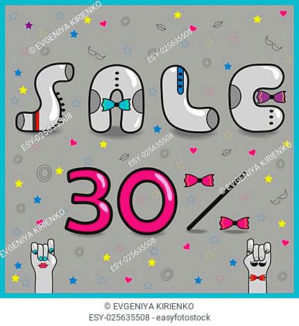 Inscription for retail. Sale Thirty percents. Gray artistic font. Vintage letters with colorful ties. Cartoon hands looking at each other
