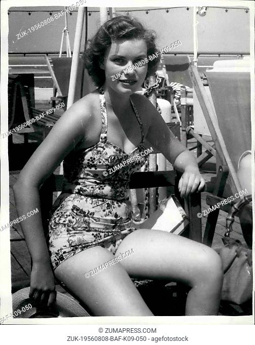 Aug. 08, 1956 - GUESTS OF ELSA MAXWELL IN LUXURY YACHT CRUISE PHOTO SHOWS:- One of the guests of Elsa Maxwell. aboard the luxury yacht Achilleus - lent on a...