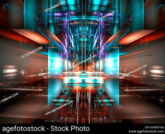 Abstract virtual reality or science fiction background - computer-generated 3d illustration. Fractal art: space station, unusual elevator or entrance