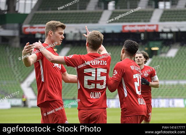 jubilation L left to right Alexander SOERLOTH (Sörloth) (L), Dani OLMO (L), Justin KLUIVERT (L) Soccer 1st Bundesliga, 28th matchday