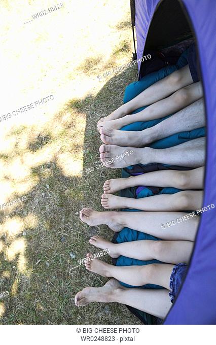 Five pairs of legs sticking out of a tent