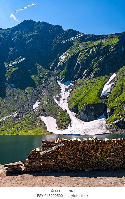 chopped firewood on the shore of a glacier. beautiful summer scenery in mountains. rocky hill with some grass and spots of snow