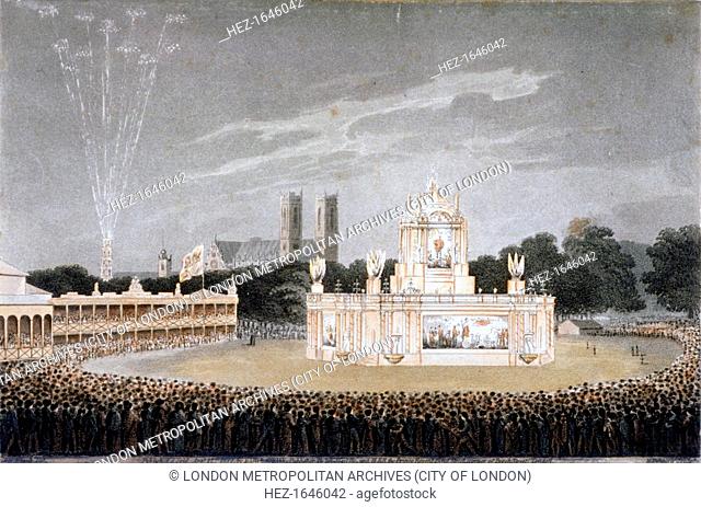 Firework display in Green Park, Westminster, London, 1814. View of the Temple of Concord in Green Park, Westminster during the firework display to celebrate...