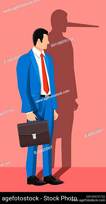 Businessman with long nose shadow on wall. Liar, lying people in business. Cheat, fraud, scam, hoax and crime. Vector illustration in flat style