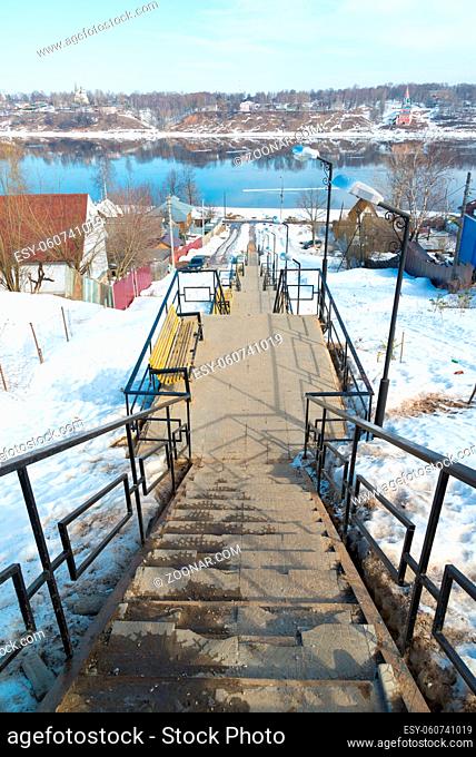 Tutaev, Russia - March 28, 2016. Quay with stairs to the river Volga