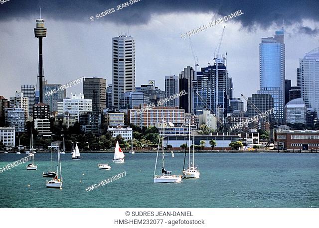 Australia, New South Wales, Sydney, Cruise in Sydney Cove Bay, the port and the city in the background and Skyline