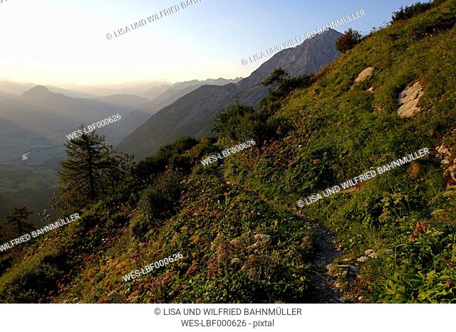 Germany, Upper Bavaria, Berchtesgadener Land, Hoher Goell, View to Dachstein and Salzachtal valley, in the evening